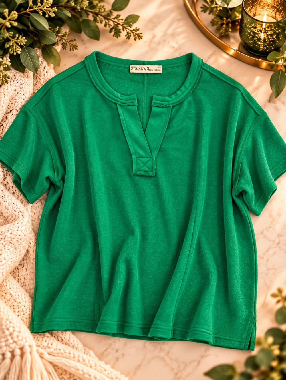 Zenana Green Exposed Seam Split Neck Oversized Top M NIP
